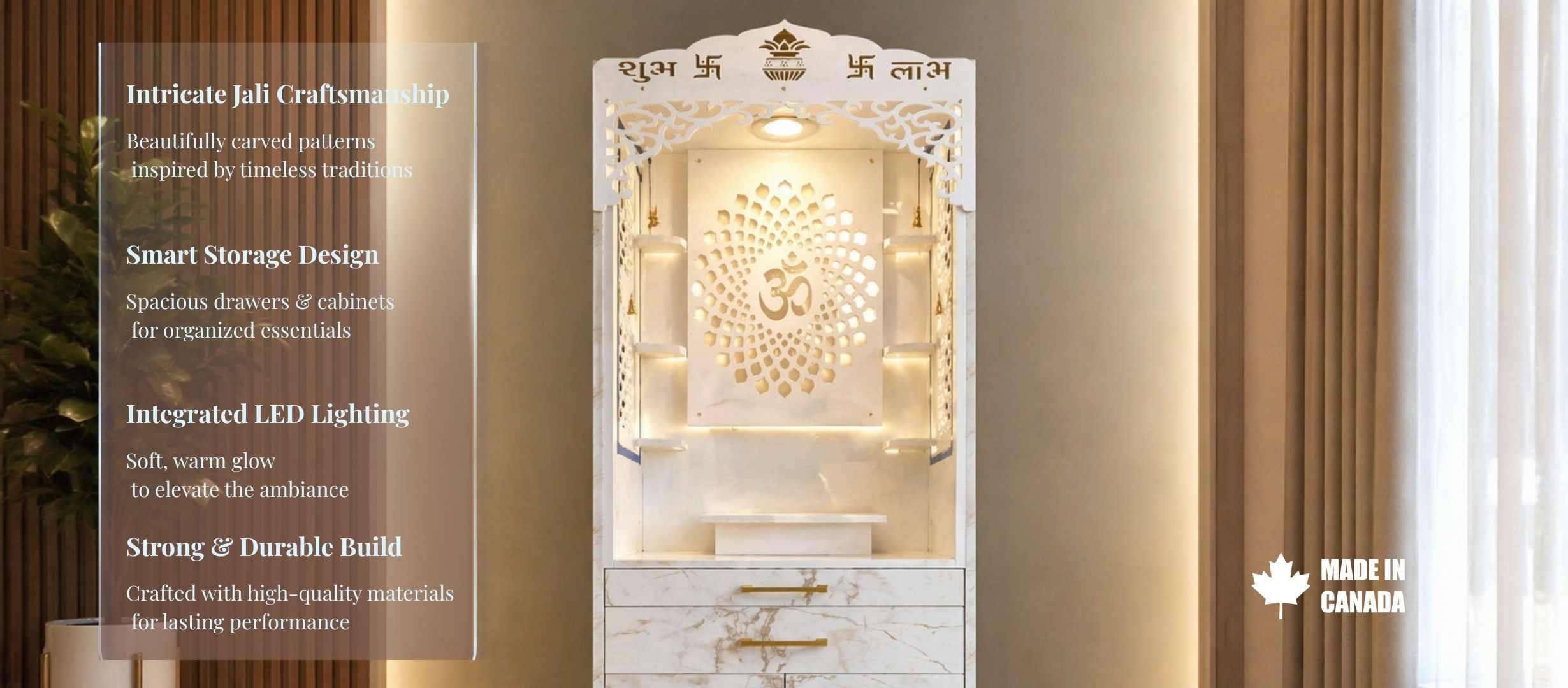 Wooden puja mandir for office in Calgary with compact elegant design
