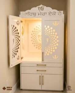CNC crafted puja mandir for home and office in Calgary with precision detailing