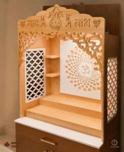 Wooden puja mandir for home in Calgary with detailed CNC craftsmanship