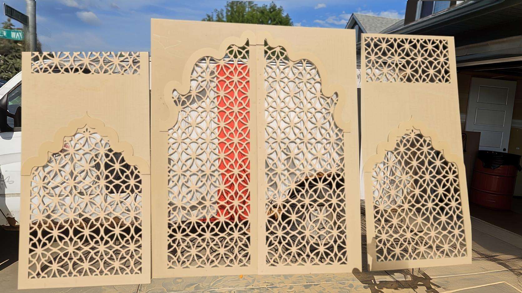 Showcase of custom Jaali designs, decorative partitions, and CNC cutouts manufactured by CNC Solution in Calgary.