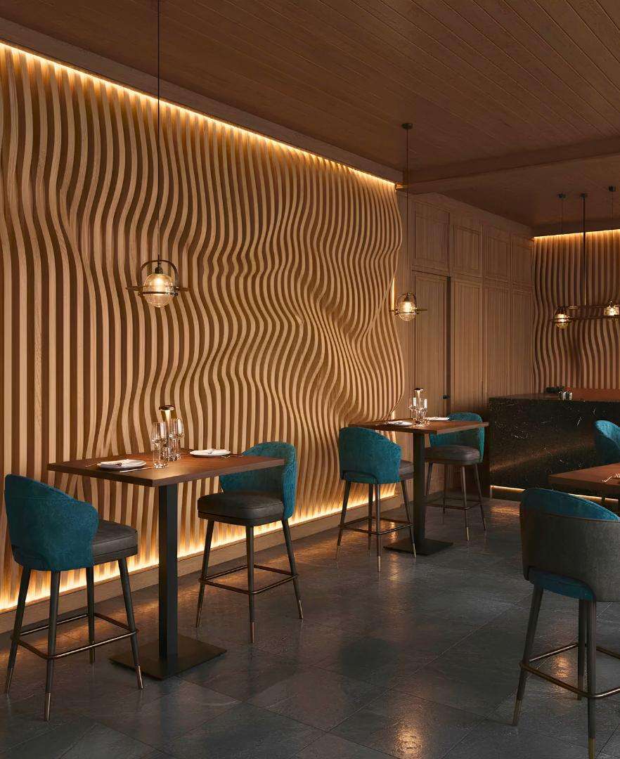 Custom parametric wall panel creating a statement feature in a Calgary hospitality space.