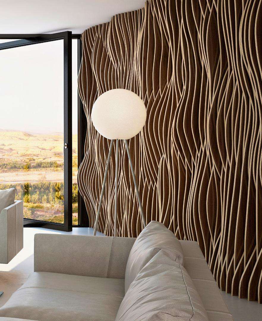 Custom parametric feature wall installed in a modern Calgary living room.