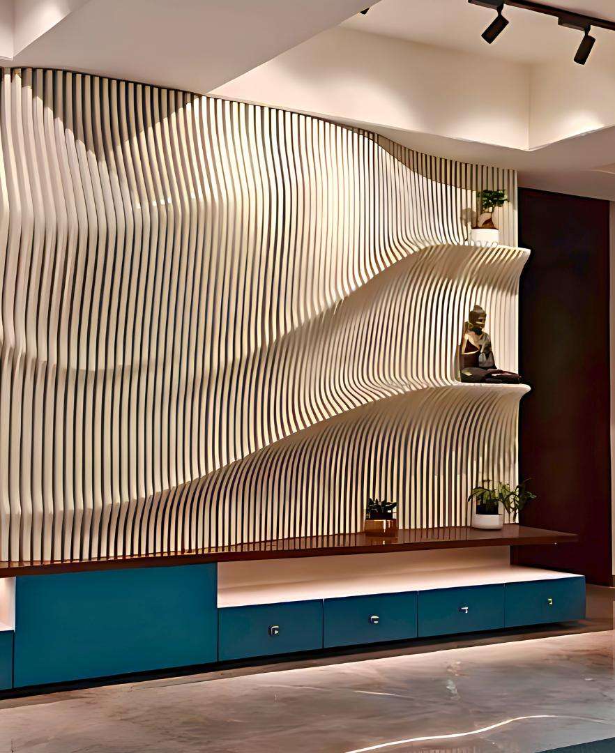 Custom parametric accent wall enhancing a luxury residential interior in Calgary.