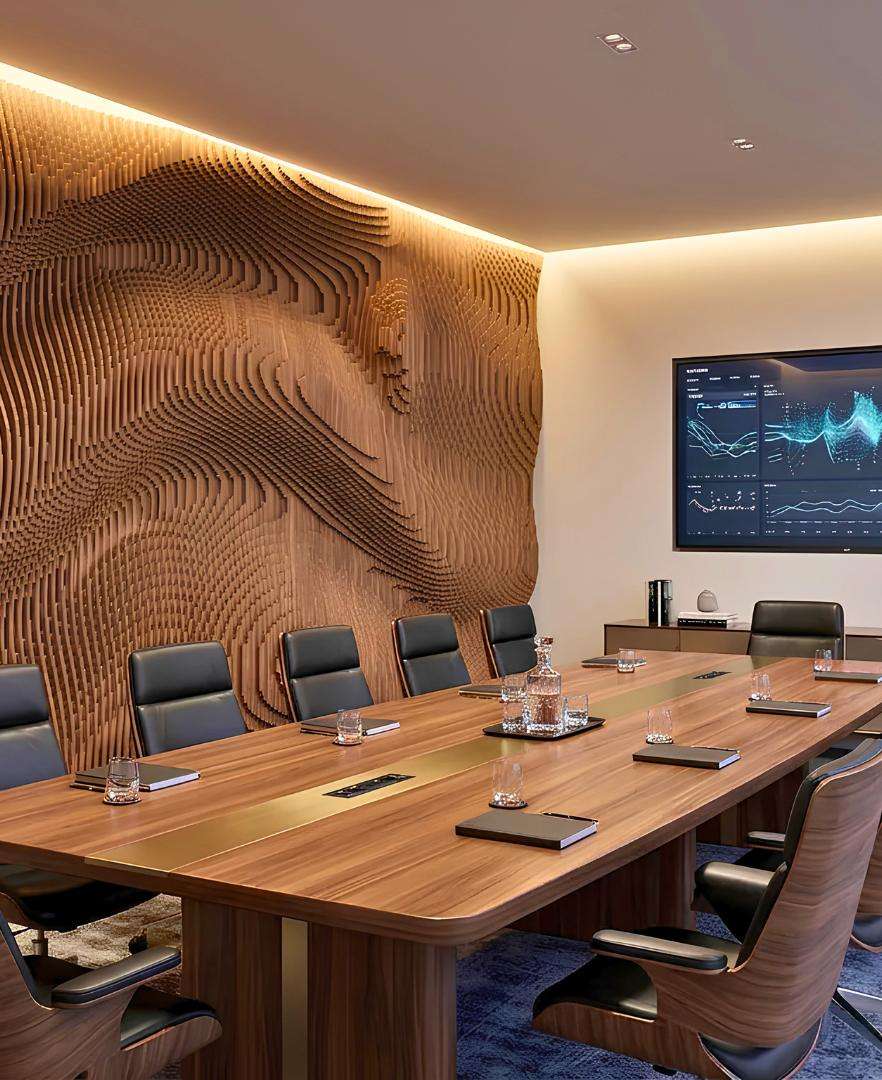 Custom parametric wall panel installed in a modern Calgary office reception area.
