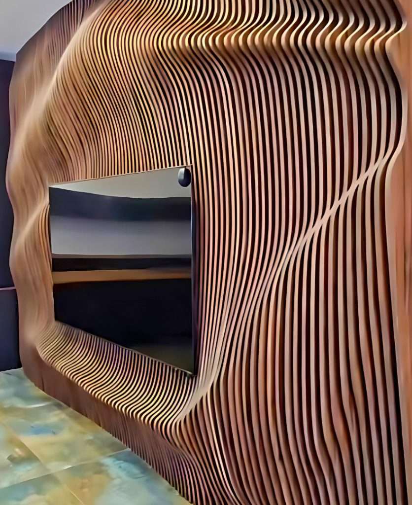 Custom parametric TV feature wall installed in a modern Calgary living room.