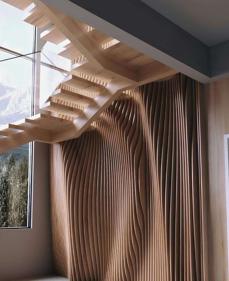 Custom parametric wall panel enhancing a staircase and entryway in a Calgary home.