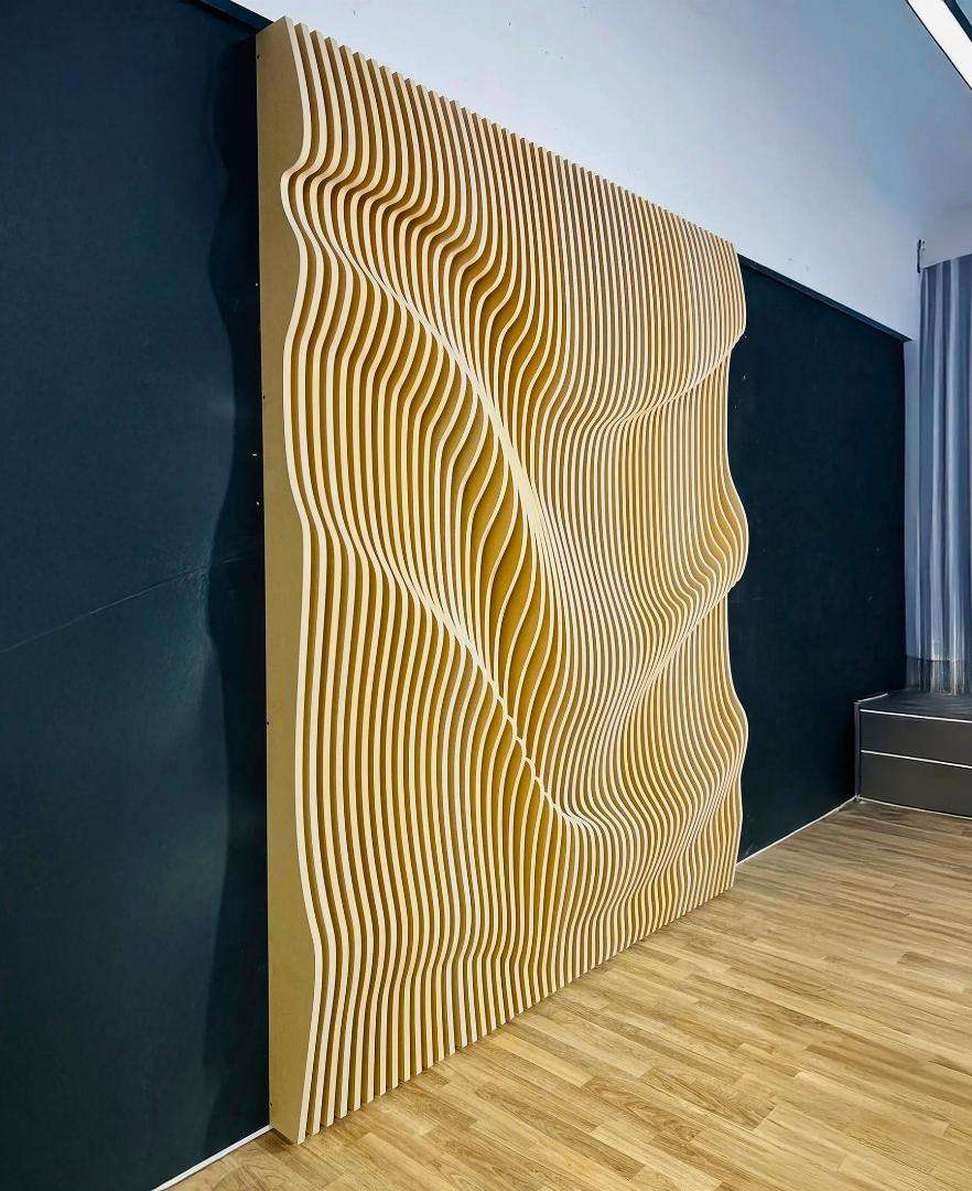Custom parametric feature wall installed in a modern retail showroom in Calgary.