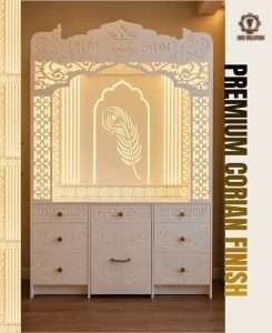 Custom puja mandir with full Corian finish crafted by CNC Solution in Calgary