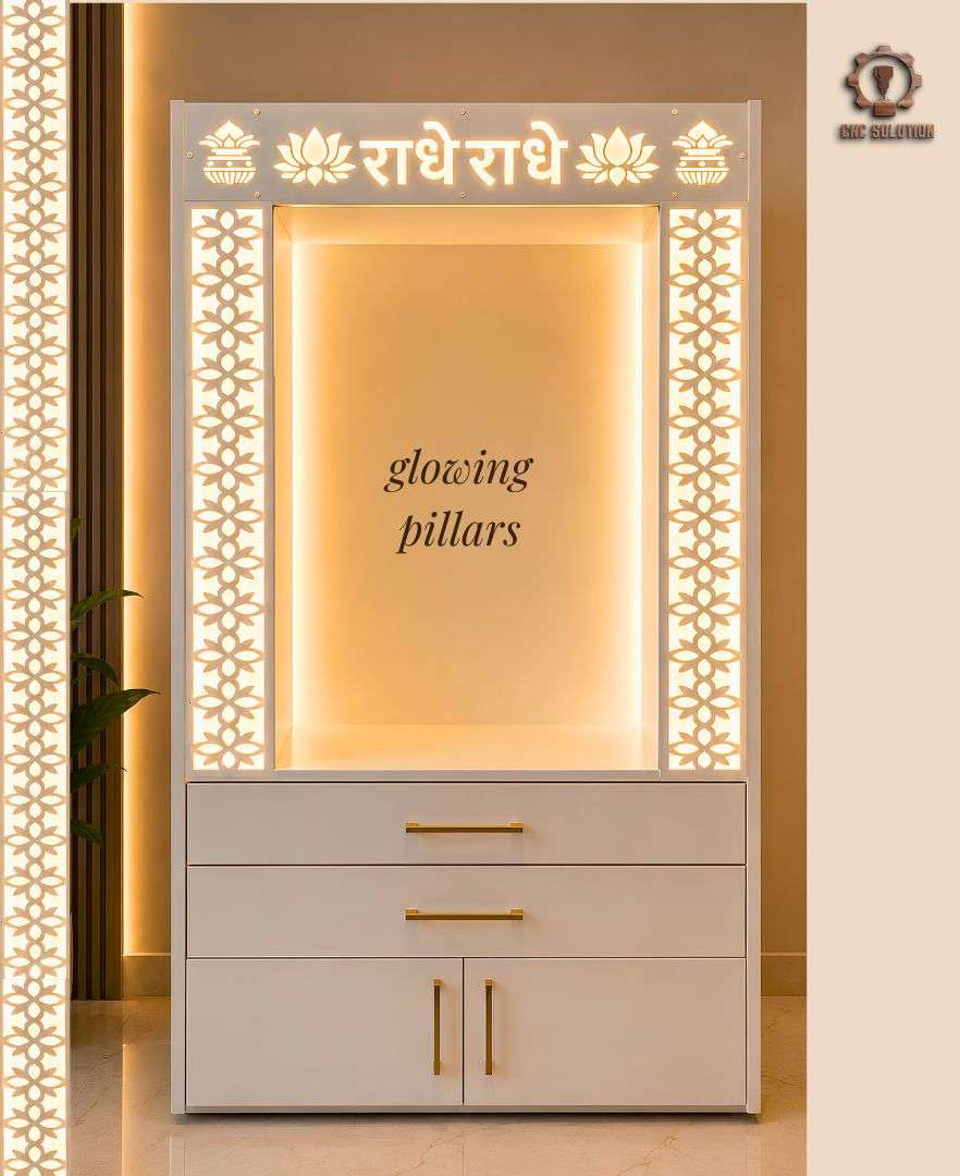 Custom puja mandir with illuminated pillars crafted by CNC Solution in Calgary