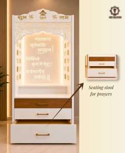 Custom puja mandir with a seating stool for prayers, crafted by CNC Solution in Calgary