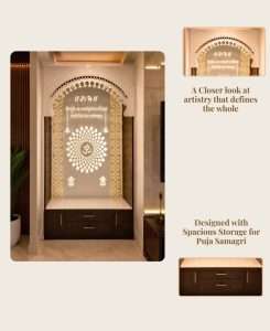 Spacious Corian puja mandir with shelves for storing puja samagri, crafted in Calgary