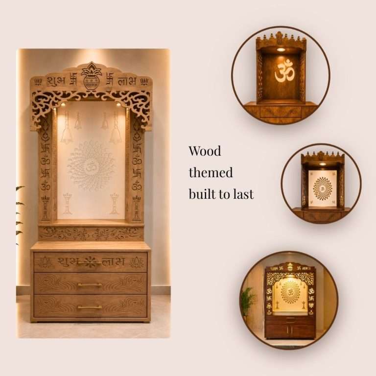 Custom wood-themed puja mandir crafted by CNC Solution in Calgary